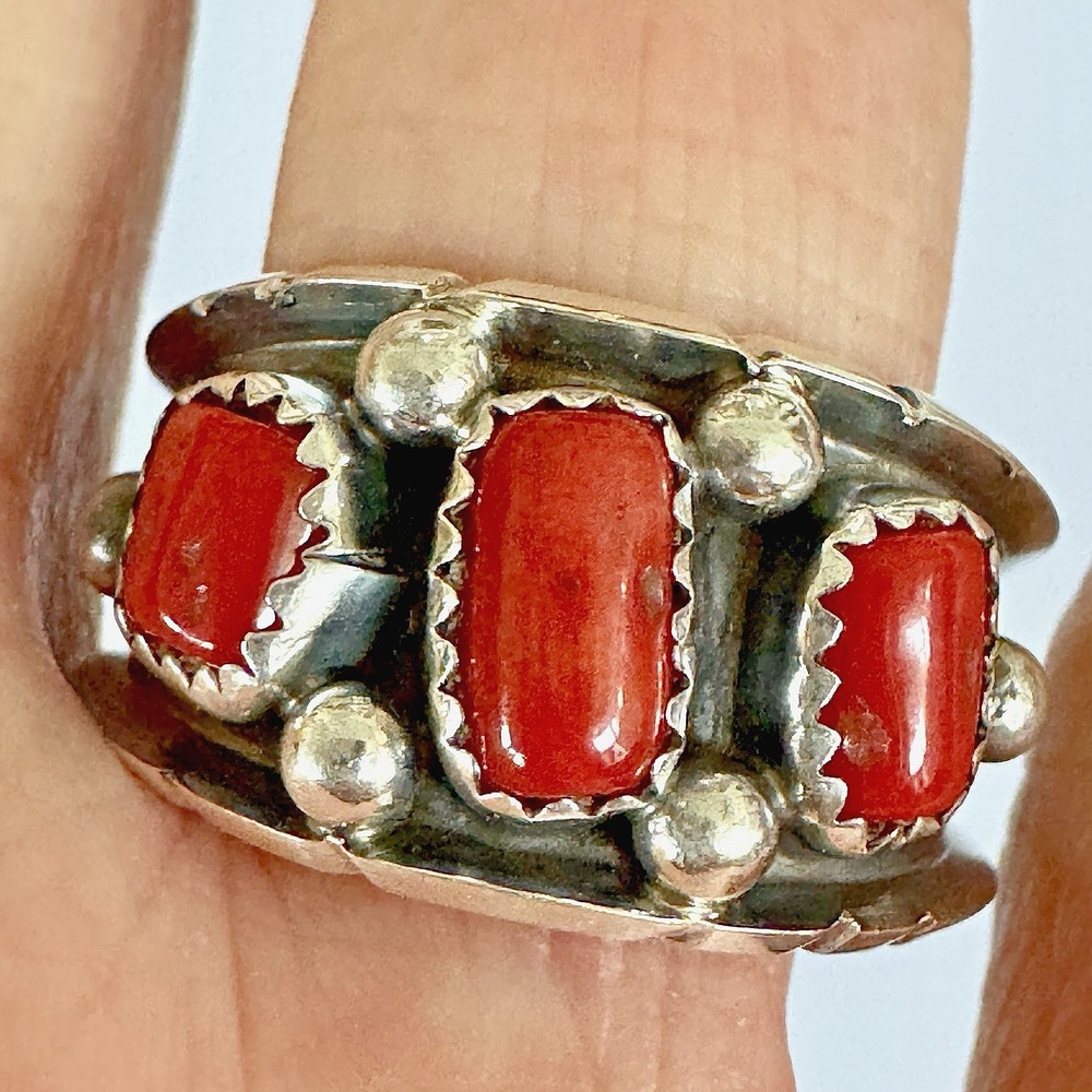 Red Coral Wedding Band Ring Sz 11 Navajo 13mm Native American Dark Sterling Mens